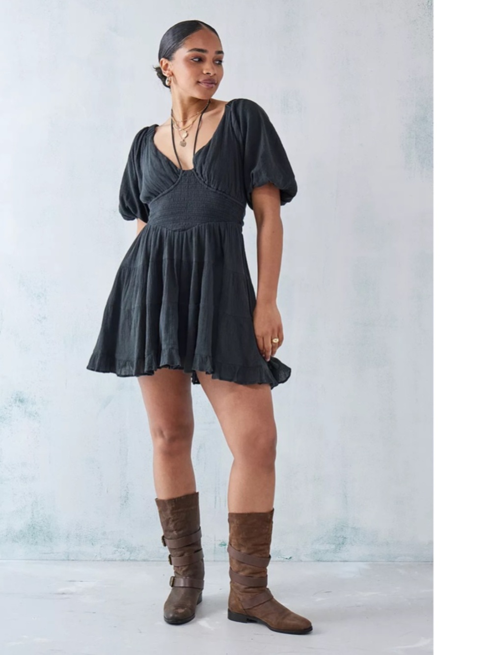 NEW FREE PEOPLE Washed Black PERFECT DAY Cotton Gauze TIERED Tie Mini DRESS XS - Picture 14 of 16